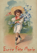 Enfant joyeux offrant des fleurs &agrave; mamie